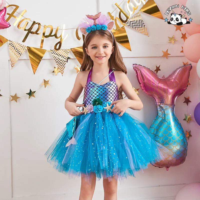 LEZONKIDS - Vestidos de meninas com design mais recente personalizáveis 2-14 Roupas de aniversário de sereia Crianças Flor Tule Vestidos de festa para meninas